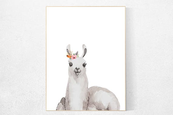 Llama print, nursery decor llama, nursery decor girl flower, animal prints, baby room, baby room decor girl, baby room wall art, nursery