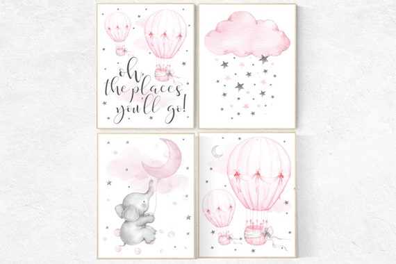 Nursery decor hot air balloons, Nursery decor elephant, nursery decor pink and gray, oh the places you'll go, pink nursery, hot air balloon