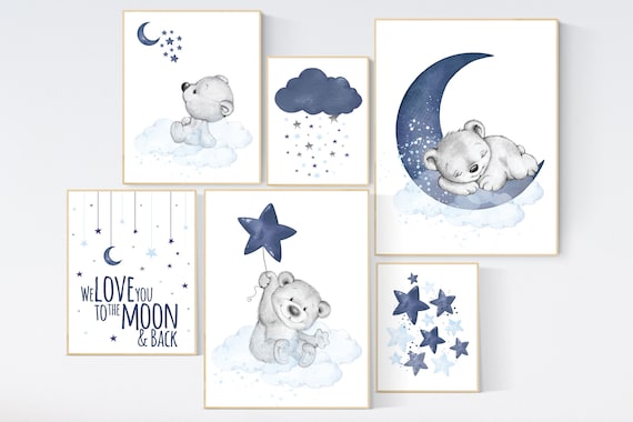 Nursery decor bear, nursery wall art boy, navy blue grey, navy nursery, cloud and stars nursery, bear nursery art, moon nursery art