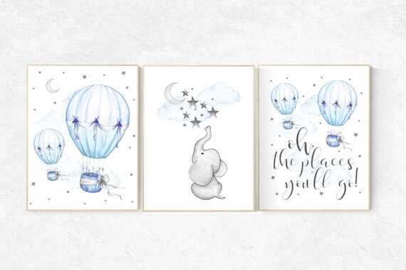 Nursery wall art elephant, Nursery decor boy hot air balloon, oh the places you'll go, hot air balloon nursery, blue and gray nursery