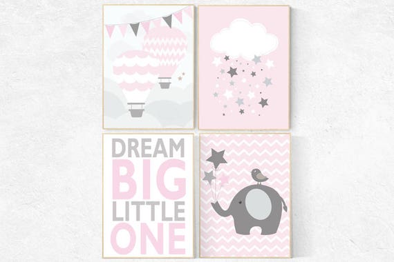 Pink nursery decor, Dream Big little one, nursery wall art girl, nursery decor girl elephant, dream big little one, cloud and stars