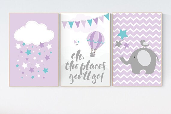 Nursery decor girl, purple aqua, purple mint, oh the places you'll go, elephant nursery, hot air balloon, elephant nursery, lilac, lavender