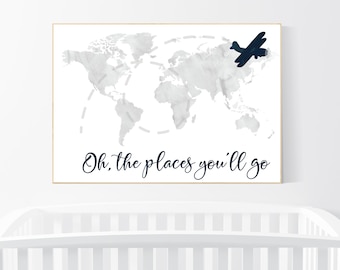 World Map Nursery Print: Gray Navy Airplane, Adventure Awaits