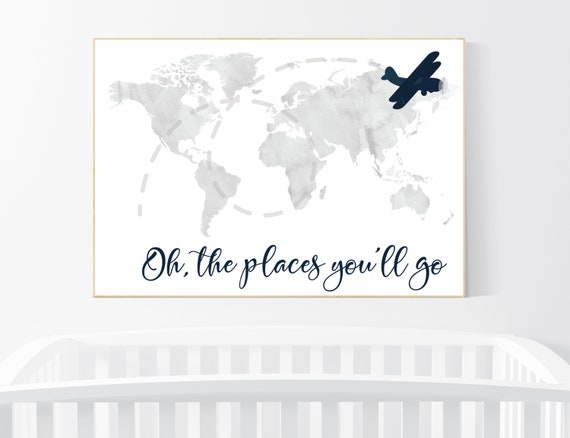 Nursery decor boy, world map, gray nursery, gray navy blue, adventure awaits, adventure nursery, travel theme, plane nursery wall art