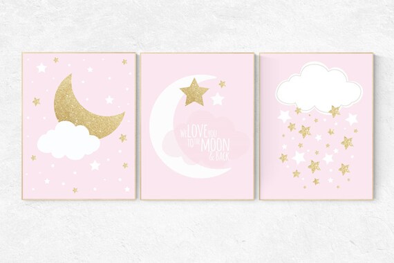 Pink gold nursery decor, nursery wall art girl, pink and gold nursery art, cloud and stars, baby room prints, gold nursery, baby room art