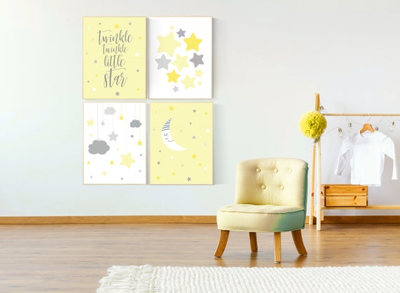 Nursery decor girl yellow, moon cloud star, baby room decor for twin, moon nursery decor, yellow gray nursery wall art, gender neutral, twin