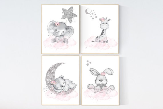 Animal nursery for girls, pink and silver, Nursery decor girl elephant, animal nursery, bunny print, bear nursery giraffe baby room wall art