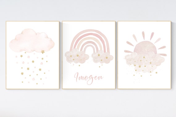 Nursery prints rainbow, blush Nursery decor girl, blush gold nursery wall art, blush pink, moon star, cloud, nursery wall art, sun nursery