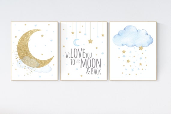 Nursery decor boy, blue and gold nursery, cloud, moon, stars, blue nursery wall art, boy nursery wall art, blue gold prints, boys room