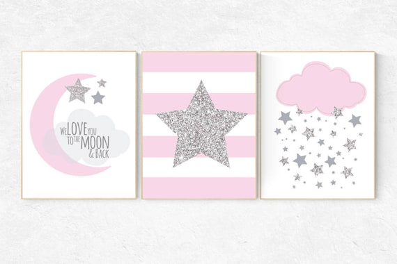 Pink and gray nursery, pink and silver nursery, nursery decor pink and gray, nursery decor girl pink and gray, moon and back, cloud nursery