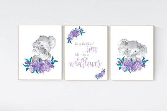 Purple teal nursery, Boho baby room, nursery wall art elephant, nursery decor girl, nursery decor girl floral, lilac nursery decor, lavender