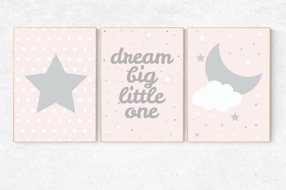 Pink gray nursery, blush pink nursery decor, dream big little star, pink nursery art, cloud nursery decor, pale pink, moon nursery