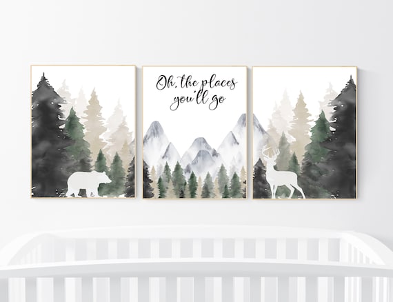 Nursery decor woodland, mountain wall art, tree nursery decor, adventure theme nursery, forest, sage green, beige, woodland animals