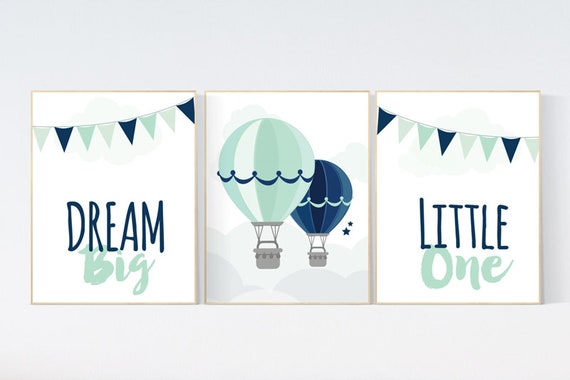 Dream Big Little One, mint navy nursery wall art, hot air balloon Nursery, mint and navy, baby room wall art, gender neutral, mint green