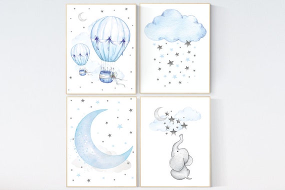 Blue Gray Nursery Art, nursery decor elephant, nursery decor boy cloud, nursery decor boy hot air balloon, blue and gray, elephant nursery