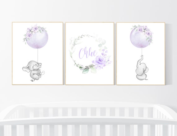 Purple nursery, nursery decor girl boho, nursery wall art elephant, nursery wall art girl, nursery prints girl floral, lilac, lavender