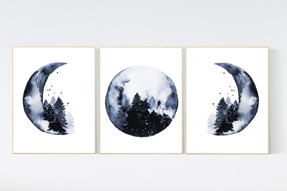 Moon nursery decor, moon print, navy blue nursery, sage nursery, full moon print, gender neutral, woodland nursery, moon nursery