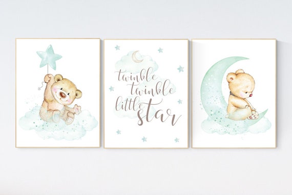 Mint nursery decor, nursery decor bear, teddy bear, gender neutral nursery, moon and stars, twinkle twinkle little star, baby room wall art