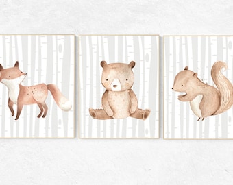 Woodland Animal Prints: Neutral Nursery Decor Art Set