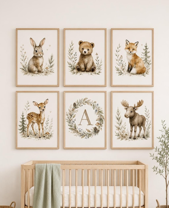 Woodland Nursery Wall Art Set of 6, Forest Animal Prints, Bear Bunny Fox Deer