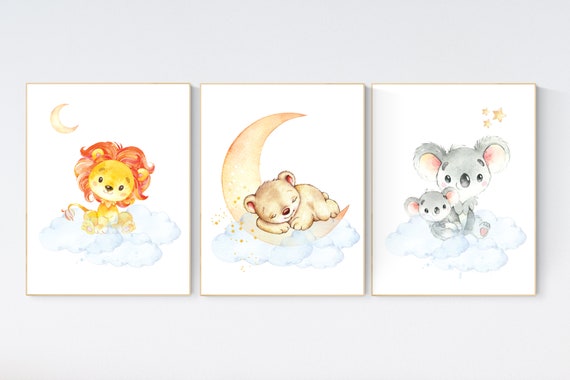 Nursery decor gender neutral, animal prints, lion, bear, koala, Nursery wall art gender neutral, jungle animal prints, forest animals