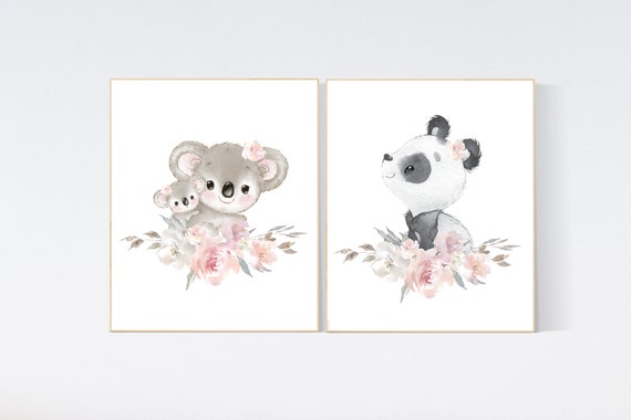 Nursery decor girl, panda nursery, koala nursery, blush pink, nursery wall art, floral nursery, nursery decor animal, girl nursery
