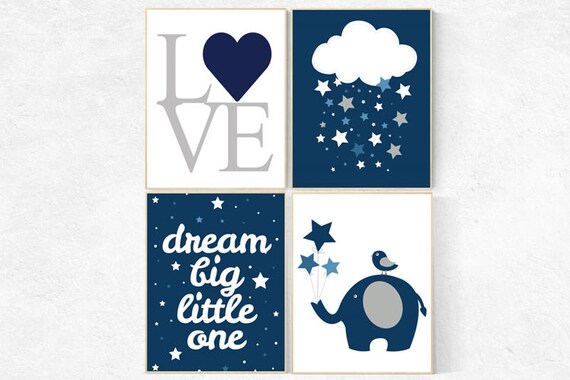 Navy blue wall art set, dream big little one, navy blue nursery prints, navy gray, nursery decor boy, nursery decor elephant, elephant