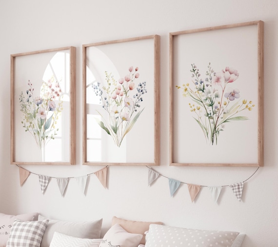 Minimalist Floral Wall Art Set, Watercolor Botanical Prints, Neutral Pastel Flower Bouquets, Soft Modern Bedroom or Living Room Decor