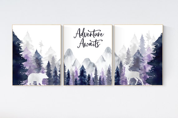 Nursery decor woodland, mountain wall art, tree nursery decor, adventure theme nursery, forest, navy, purple nursery, woodland animals