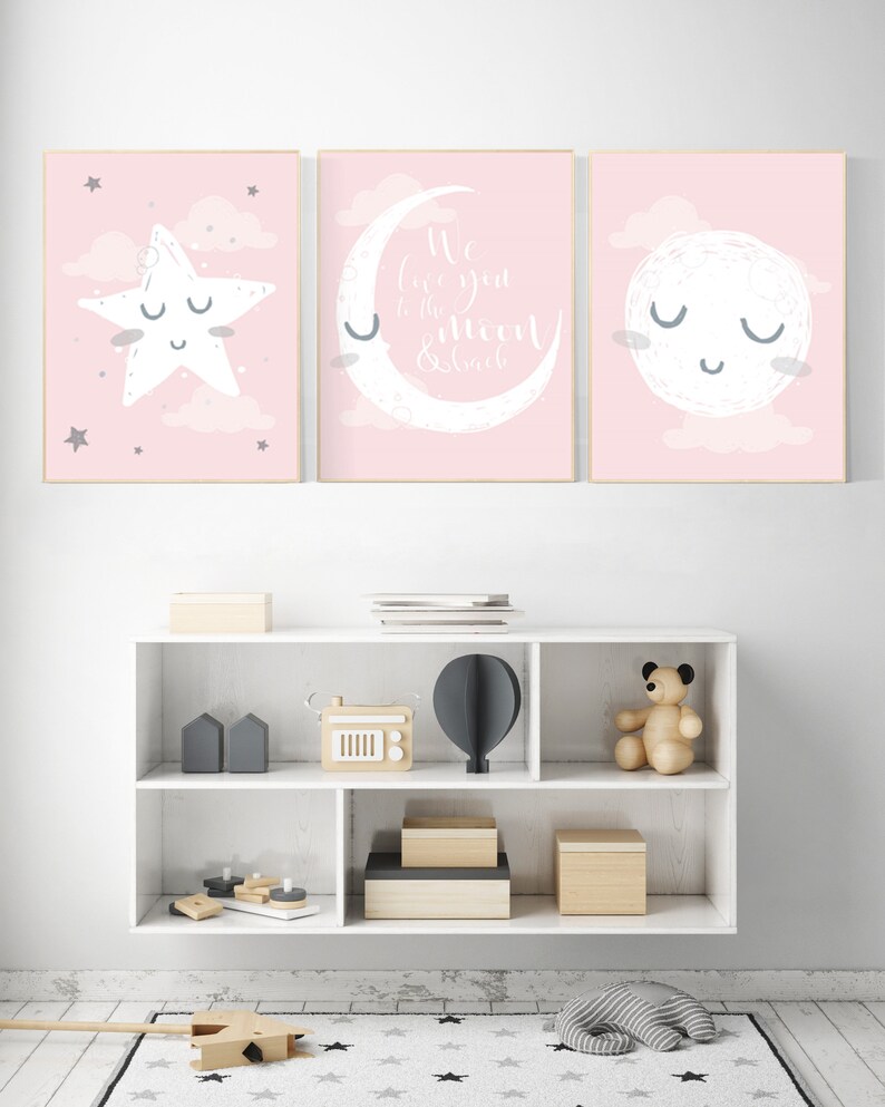 Nursery Decor Girl Nursery Wall Art Pink and Grey Moon Star Etsy