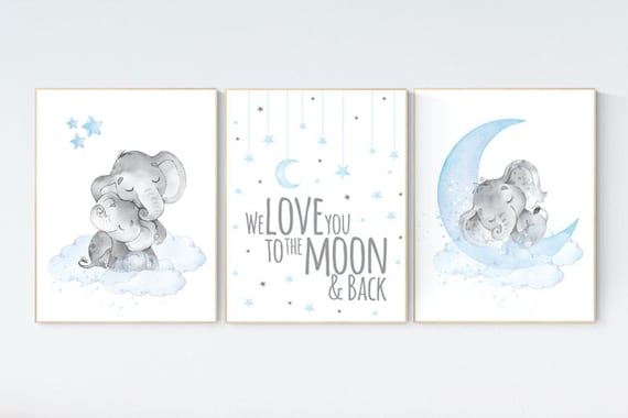 Nursery decor boy elephant, nursery wall art elephant, we love you to the moon and back, Elephant Nursery, boy nursery art, moon and stars