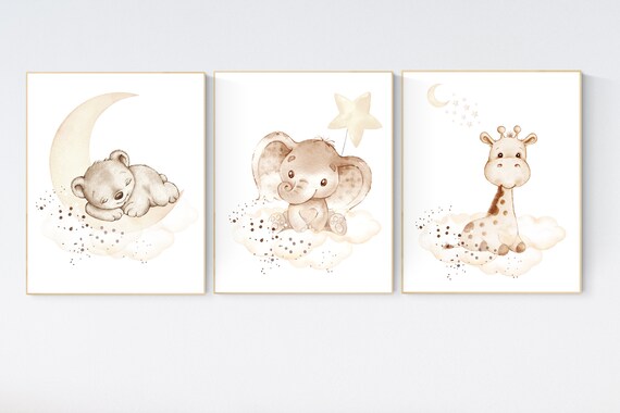 Nursery wall art animals, gray nursery, gender neutral nursery, neutral nursery, baby room decor, bear, elephant, giraffe, animal prints