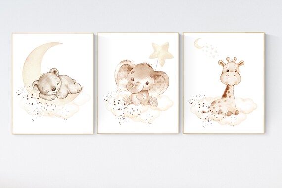 Nursery wall art animals, gray nursery, gender neutral nursery, neutral nursery, baby room decor, bear, elephant, giraffe, animal prints