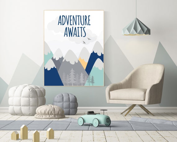Nursery decor adventure, mountain nursery wall art, woodland, adventure awaits, nursery decor neutral, baby room decor mountains