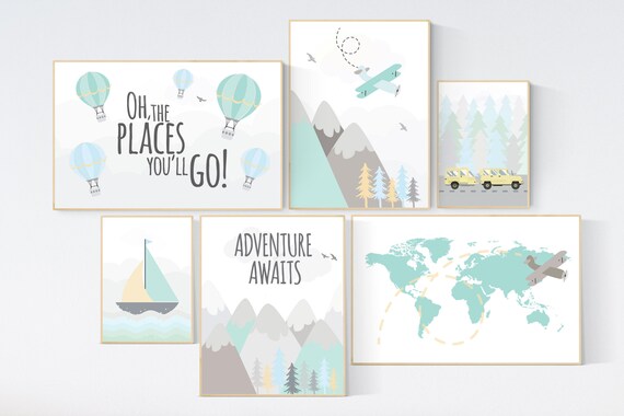 Adventure nursery decor, nursery decor airplane, world map, adventure awaits, teal, yellow, gray, grey, blue travel theme, gender neutral