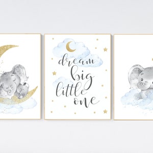 Nursery decor boy elephant, blue and gold nursery, dream big little one, blue nursery wall art, cloud and stars, baby room decor