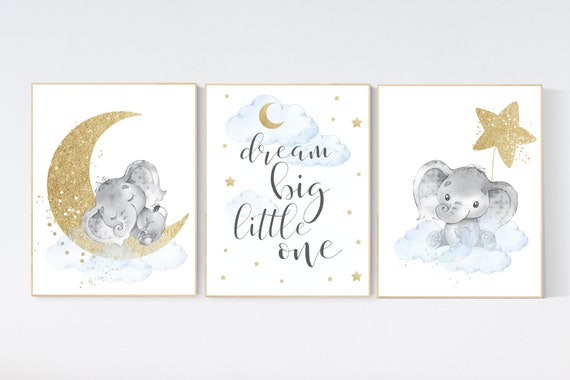 Nursery decor boy elephant, blue and gold nursery, dream big little one, blue nursery wall art, cloud and stars, baby room decor