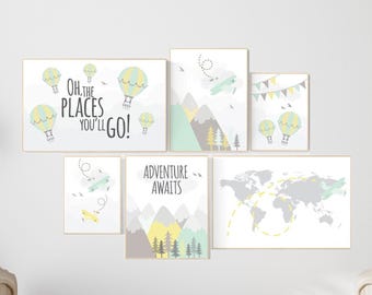Adventure Awaits Nursery Decor: World Map, Airplanes, Hot Air Balloons