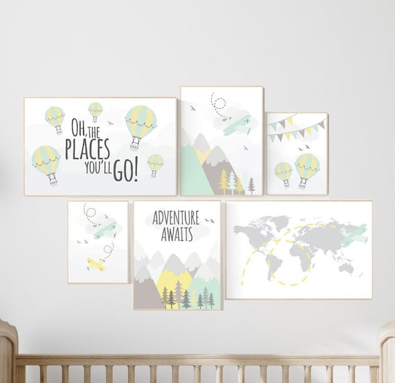 Adventure nursery decor, nursery decor airplane, world map nursery, adventure awaits, yellow mint nursery, travel theme, gender neutral