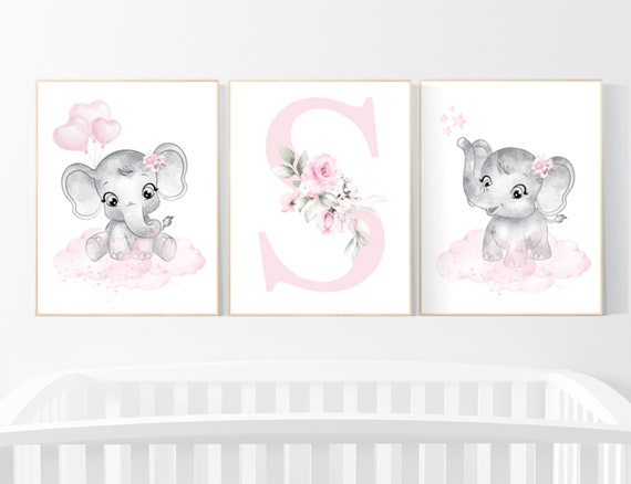 Nursery decor girl elephant, nursery decor girl flower, nursery decor girl floral, Boho baby room, pink nursery decor, flower baby room