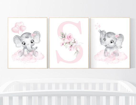 Nursery decor girl elephant, nursery decor girl flower, nursery decor girl floral, Boho baby room, pink nursery decor, flower baby room