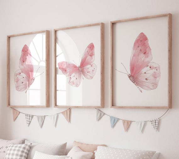 Pink Butterfly Nursery Wall Art Set of 3, Watercolor Butterfly Prints, Girl Room Decor, Boho Nature Artwork for Baby Nursery