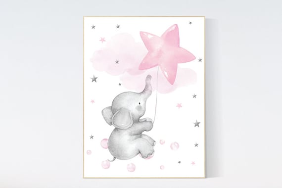 Nursery decor girl, elephant nursery, baby room decor girl pink and grey, girl nursery decor, star balloon, elephant nursery wall art