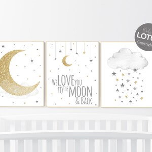 Moon and Stars Nursery Art: Grey & Gold Baby Room Decor