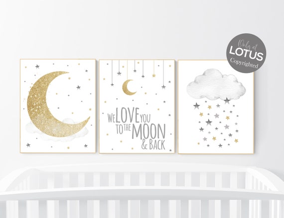 Nursery wall art grey, gray gold nursery, nursery decor neutral, baby room decor gender neutral, moon and stars, grey gold, baby room art