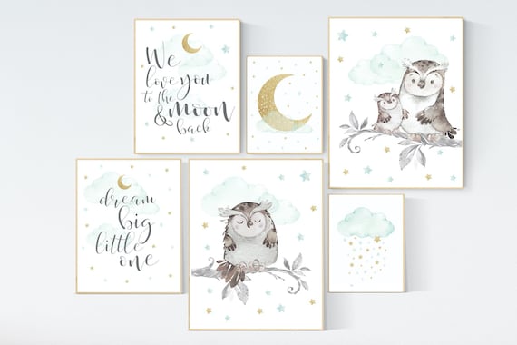 Nursery decor mint gold, mint green and gold, owl nursery, we love you to the moon and back, nursery decor owl, baby room decor, mint  gold