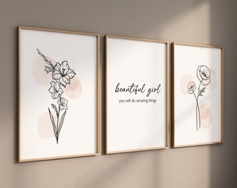 Boho Botanical Prints, girl nursery decor, Wildflower Nursery, birth flowers, poppy flower, blush pink, blush nursery, line art, Gladiolus