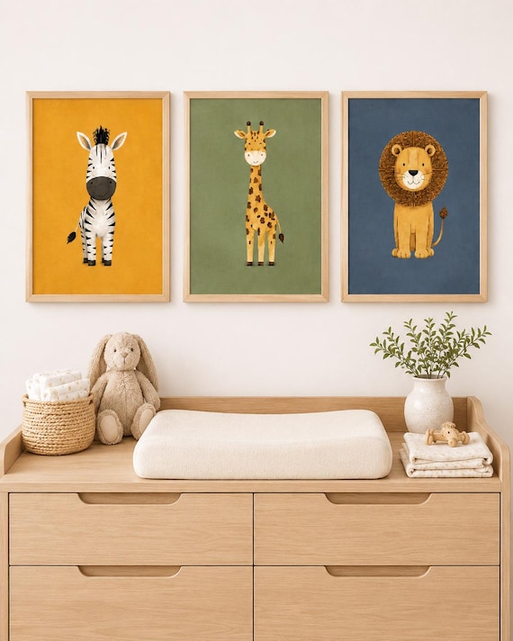Safari Animal Nursery Prints: Boho Jungle Art, Set of 3
