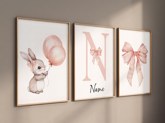 Personalized bunny nursery art, custom baby name print, blush pink balloon nursery decor, pastel bow baby room print, watercolor rabbit art