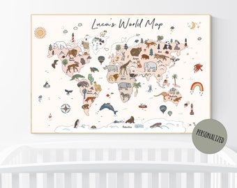 Impresión de mapa del mundo animal: decoración neutra para habitación infantil, arte para habitación infantil